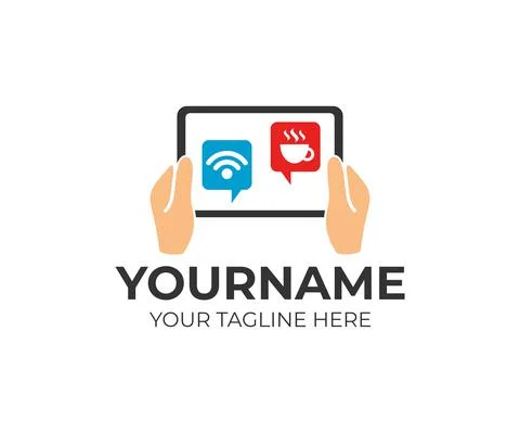 Augmented reality, geolocation and hands holding tablet, logo design Illustrazione stock