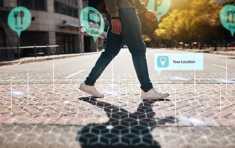Augmented reality, hologram and legs walking in city with connection for Stock Photos