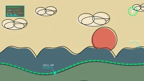 Augmented Reality HUD Overlay On Animated Mountain Landscape For Smart Hiking Stock Footage 340860435