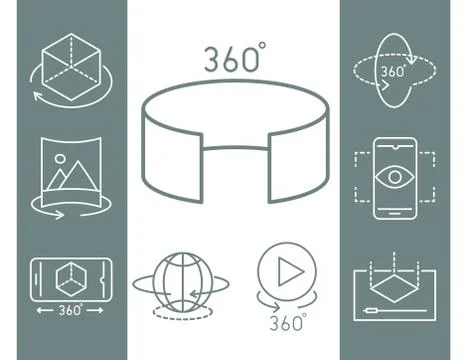 Augmented reality icons set interactive simulation 360 degree view line style Illustrazione stock