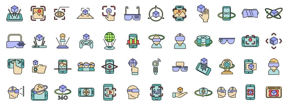 Augmented reality icons set vector color line 스톡 일러스트