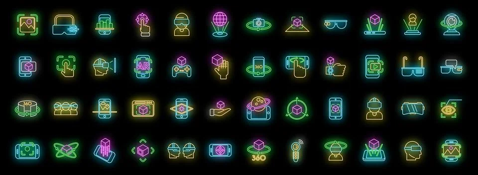 Augmented reality icons set vector neon 库存插图