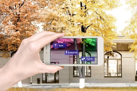 Augmented reality information technology about nearly cafe services on Stock Photos