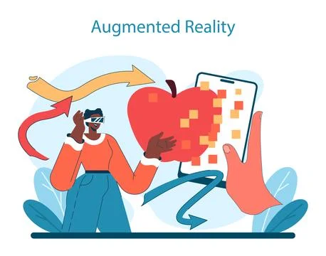 Augmented Reality innovation. A user interacts with a digital apple through AR Illustrazione stock