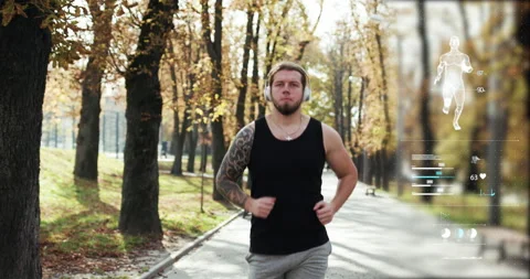 Augmented Reality Interface with Health Data Futuristic fitness tracker app. Man 動画素材 194459427