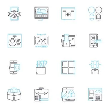 Augmented reality linear icons set. Virtual, Simulation, Immersive, Interactive Stock Illustration
