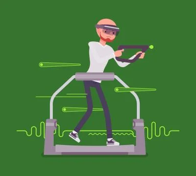 Augmented reality man with aim controller on gaming treadmill Stock Illustration