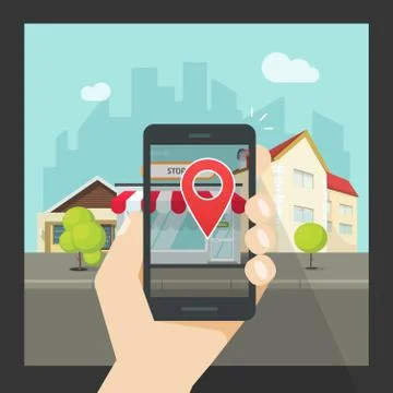 Augmented reality on mobile phone, virtual location smartphone navigation Stock Illustration