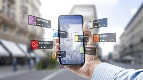 Augmented reality navigation app on smartphone 写真素材