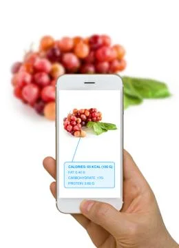 Augmented Reality or AR App Showing Nutrition Information of Food, Grape, o.. Stock Photos