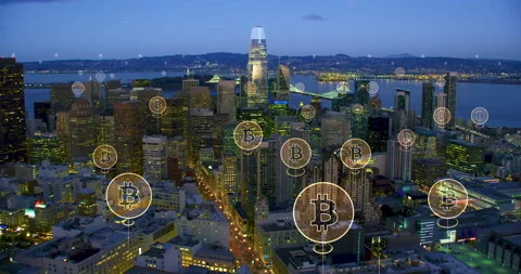 Augmented reality over San Francisco. Aerial view of city with bitcoin logos. Stock Footage 162518777