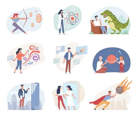 Augmented reality people. Men or women interact with electronic technology in Stock Illustration