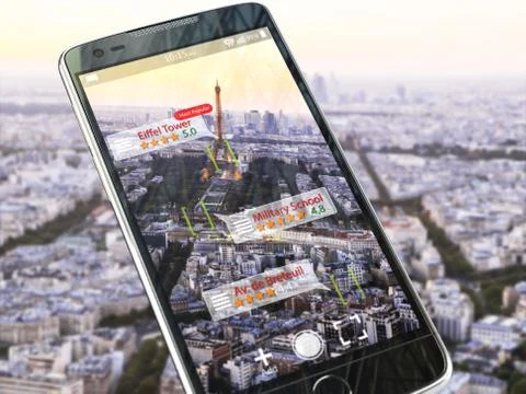Augmented reality travel application concept.  Mobile smart phone check relev Stockillustratie