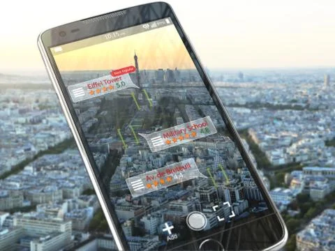 Augmented reality travel application concept.  Mobile smart phone check relev Stockillustratie