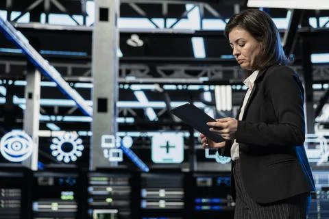 Augmented reality upgraded server farm software developer optimizing equipment 写真素材