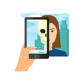 Augmented reality using smartphone saw woman skull Stock Illustration