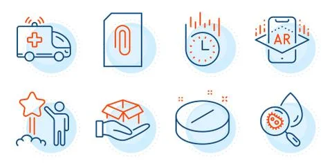 Augmented reality, Water analysis and Fast delivery icons set. Hold box Stock Illustration