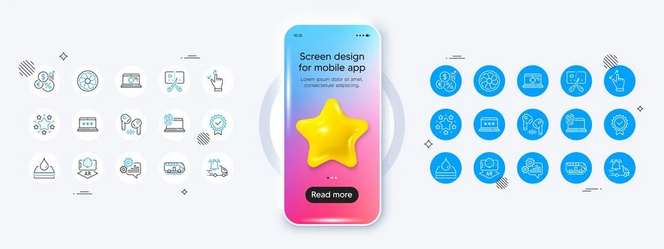 Augmented reality, Waterproof and Computer fingerprint line icons. For web app Stock Illustration