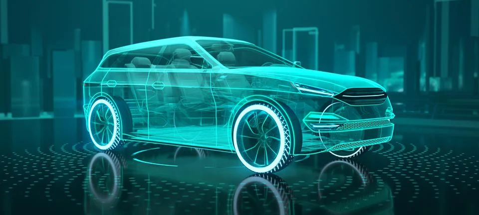 Augmented reality of wireframe car concept on the road and futuristic city o Stock Illustration