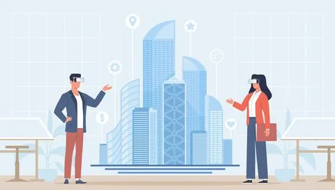 Augmented reality work. Futuristic virtual tech. Interactive building design Stock Illustration