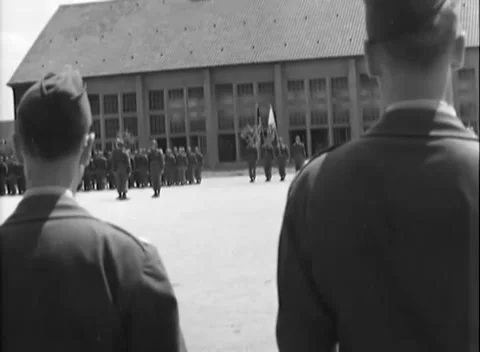 AUGSBURG - 1945: Parade flags - Colour party faces formed troops Видео 344495797