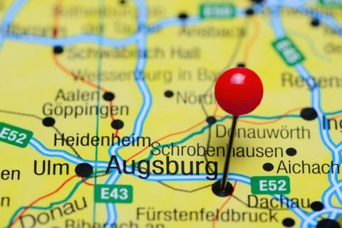 Augsburg pinned on a map of Germany Stock Photos