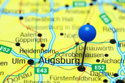 Augsburg pinned on a map of Germany Stock Photos