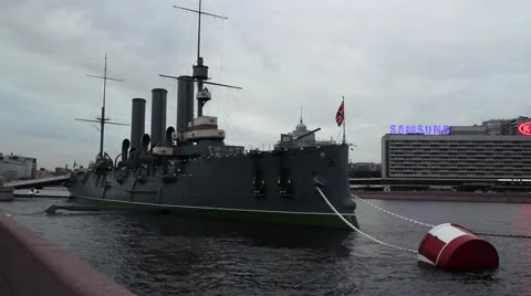 AUGUST 12, 2016 The cruiser Aurora parking on the Petrograd embankment. Stock Footage 66333284