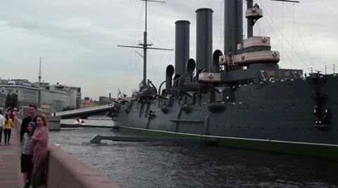 AUGUST 12, 2016 The cruiser Aurora parking on the Petrograd embankment. Stock Footage 66333317