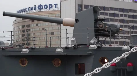 AUGUST 12, 2016: The cruiser Aurora after a renovation parking on the Petrograd  Stock Footage 66333325