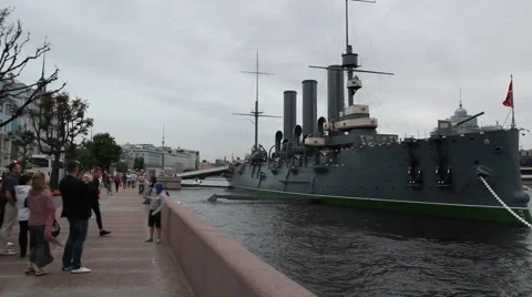 AUGUST 12, 2016 The cruiser Aurora parking on the Petrograd embankment. Stock Footage 66333394