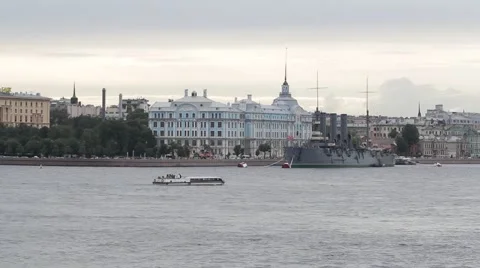 AUGUST 12, 2016 The cruiser Aurora parking on the Petrograd embankment. Stock Footage 66333921