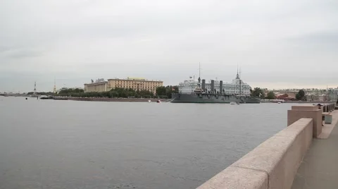 AUGUST 12, 2016 The cruiser Aurora parking on the Petrograd embankment. Stock Footage 66334228