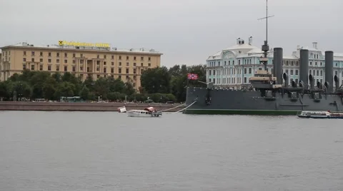 AUGUST 12, 2016 The cruiser Aurora parking on the Petrograd embankment. Stock Footage 66334733