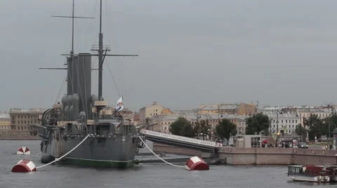 AUGUST 12, 2016 The cruiser Aurora parking on the Petrograd embankment. Stock Footage 66335686