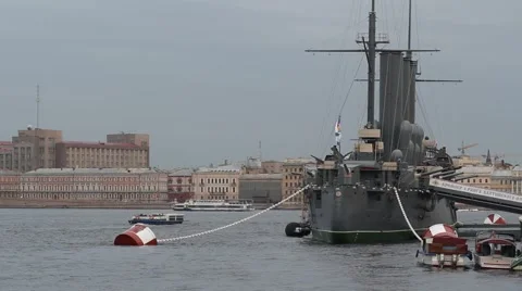 AUGUST 12, 2016 The cruiser Aurora parking on the Petrograd embankment. Stock Footage 66335979