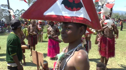 August 15 2015 Papuans young boy in costume hat Stock Footage 58515936