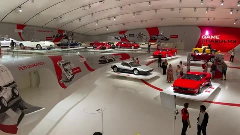 August 2, 2026 - Modena, Italy - Interior of Enzo Ferrari Museum exhibition hall Vídeo Stock 338133909