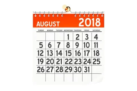 August 2018 calendar, 3D rendering Stock Illustration