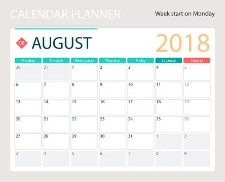 AUGUST 2018, illustration vector calendar or desk planner, weeks start on Monday Stock Illustration