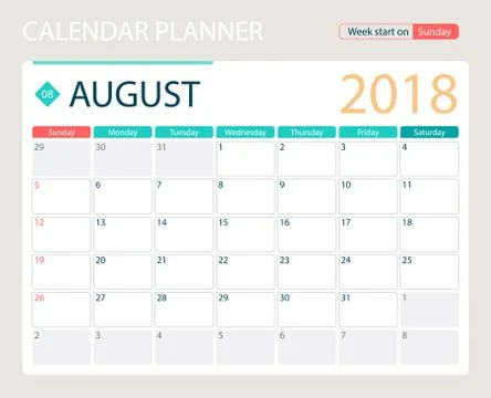 AUGUST 2018, illustration vector calendar or desk planner, weeks start on Sunday Stock Illustration
