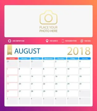 AUGUST 2018, illustration vector calendar or desk planner, weeks start on Sunday Stock Illustration