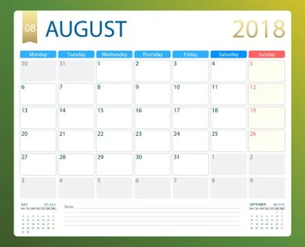 AUGUST 2018, illustration vector calendar or desk planner, weeks start on Monday Stock Illustration