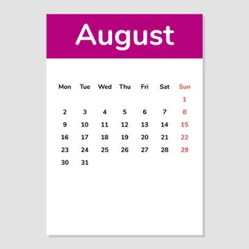 August 2021 calendar sheet. Vector illustration. Isolated on white. Stock Illustration