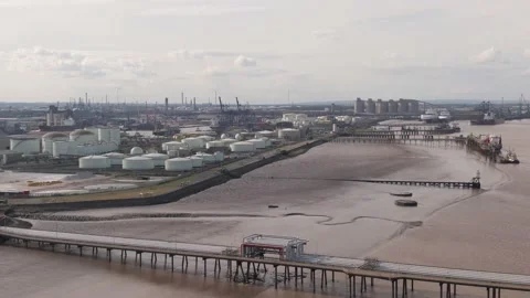August 2021, UK: Immingham Docks - Aerial Drone - Humber, Chimneys, Smoke, Ca Stock Footage 219481852