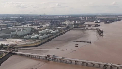 August 2021, UK: Immingham Docks - Aerial Drone - River, Cargo Ships and Dock Video stock 219481887