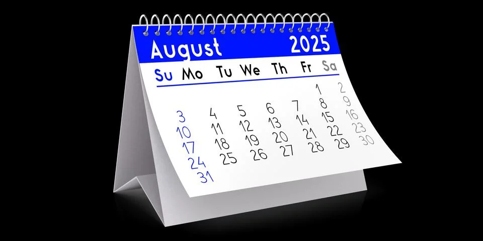 August 2025 - table calendar - 3D illustration Illustrazione stock