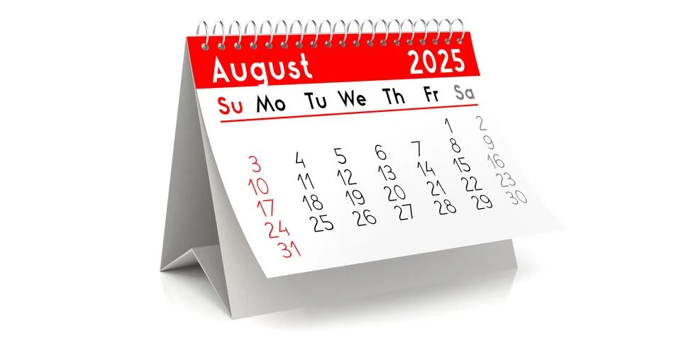 August 2025 - table calendar - 3D illustration Illustrazione stock