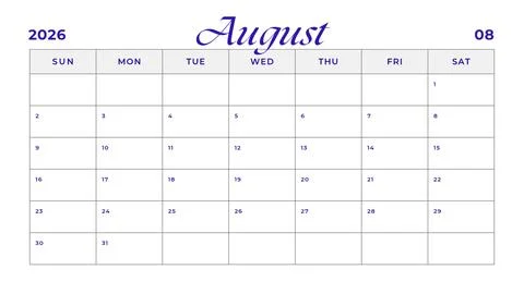 August 2026 calendar grid clean design illustration for business Stock Illustration
