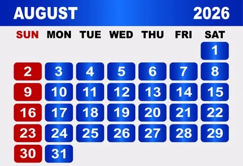August 2026 Calendar Grid With Red Sundays And Blue Weekdays planner Stock Illustration